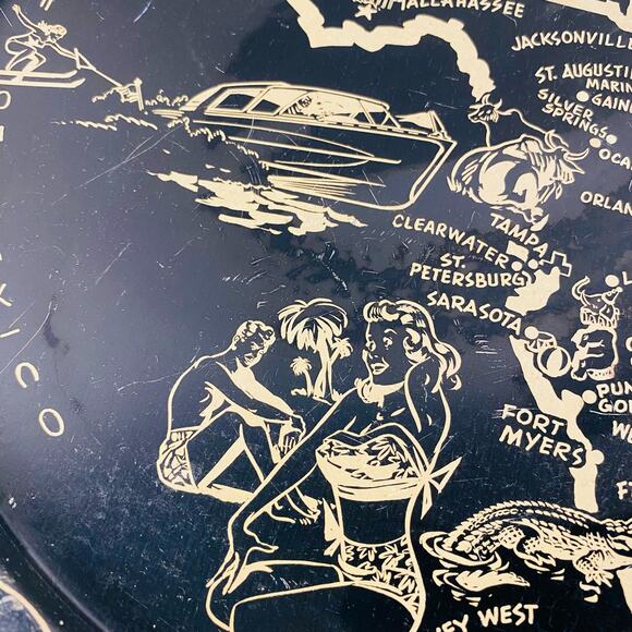 Vintage Florida Round Metal Tin Sourvenir Travel Map Trays Retro Decor 10.5" GUC - Picture 3 of 11